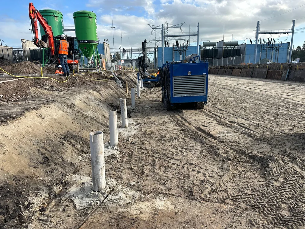Rij geplaatste schroefinjectiepalen met uitstekende witte buizen langs een talud op het TenneT-terrein in Oostzaan